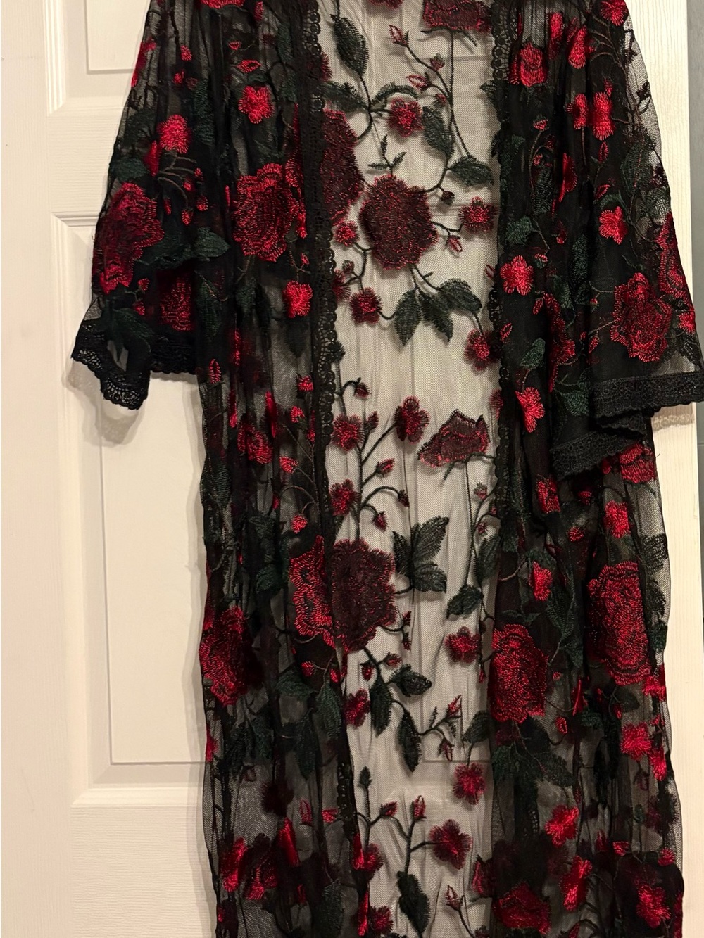 LuLaRoe Black Sheer Lace Coverup with Red Rose Embroidery